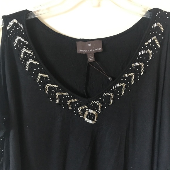 NWOT Cold Shoulder Top w/ hand embroidered beaded accents. Black. Size 1X. - Picture 2 of 3